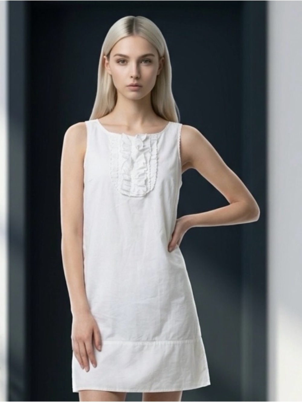 Grace Elements White Sleeveless Ruffle Front Shift Dress Size 12